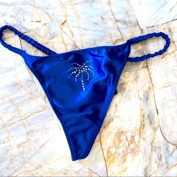 Victoria’s Secret V String panty thong satin ruched sides Palm Crystal Navy Blue - Picture 1 of 8